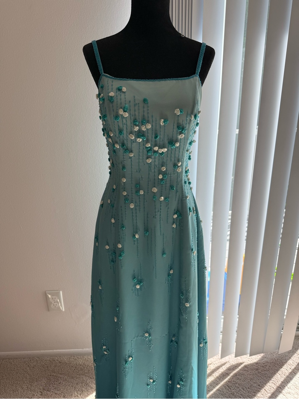 May Queen Teal Beaded Spaghetti Strap Maxi Dress